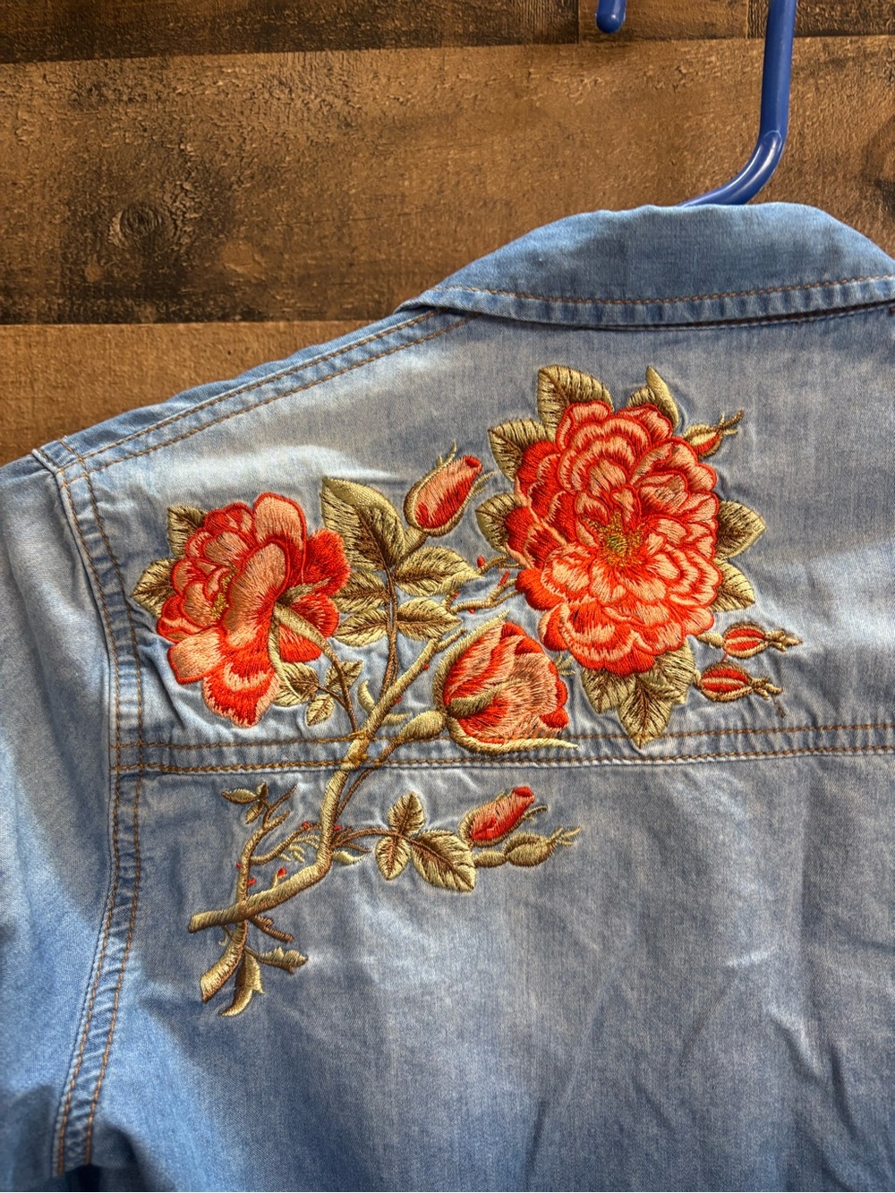 Grace Light Blue Denim Shirt with Orange Floral Embroidery EUC Size Small - Picture 11 of 13